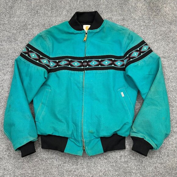 Vintage Carhartt Aztec Santa Fe Jacket JQ0505 Carbon Blue Size Small Teal USA - Picture 1 of 15